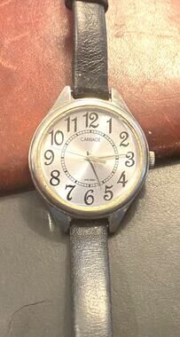 Women's Silver Tone Carriage Watch, WR to 30M, Black Leather Band